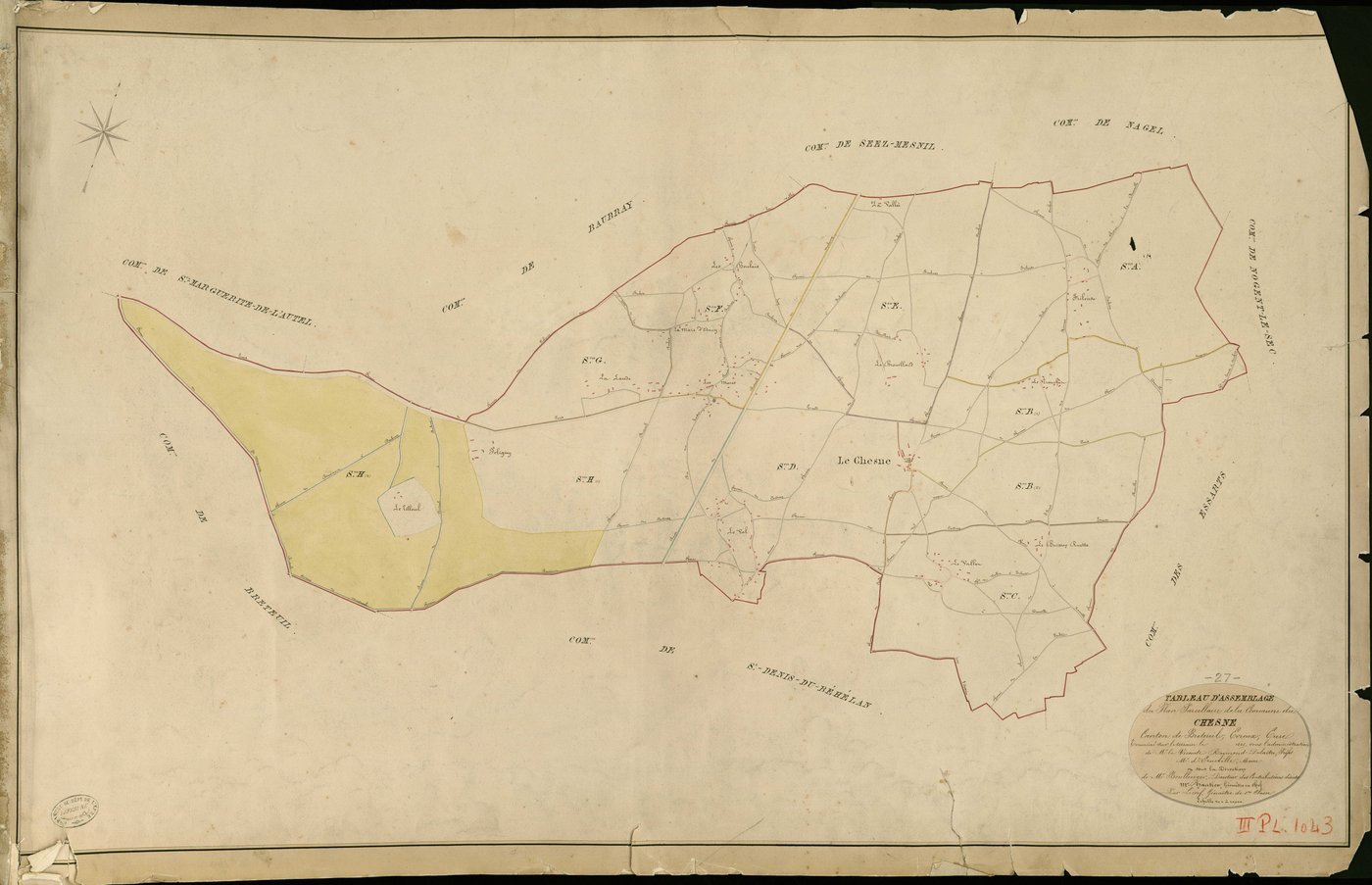 Chesne (Le). Tableau d'assemblage _ du Plan Parcellaire de la Commune de Chesne _ Canton de Breteuil - Evreux - Eure. _ Terminé sur le Terrain en 1829 , sous l'administration de M. Le Vicomte Raymond Delaître , Préfet _ M. d'Erneville, Mair
