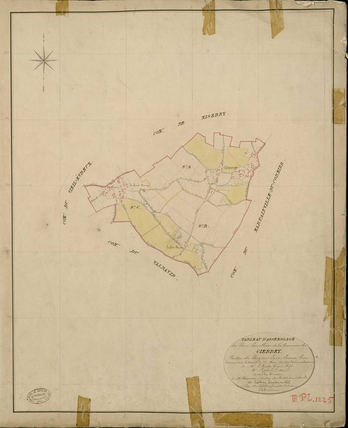 Cierrey. Tableau d'assemblage _ du Plan Parcellaire de la Commune de Cierrey _ Canton de Pacy sur Eure - Evreux - Eure. _ Terminé sur le Terrain le 26 Mars 1851, sous l'administration de M. Le Comte Guyot Préfet _ M. Lefebure, Maire _ et so