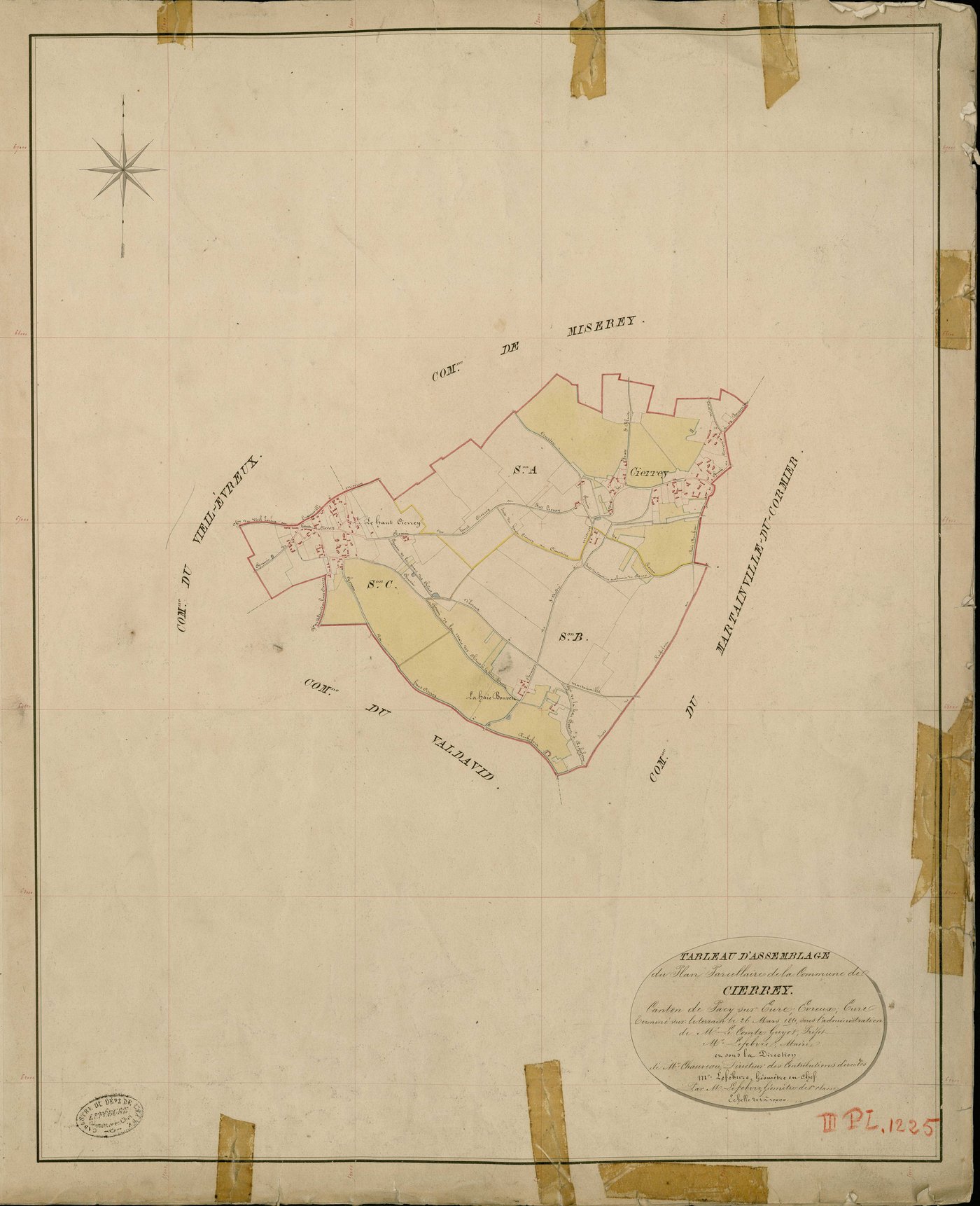 Cierrey. Tableau d'assemblage _ du Plan Parcellaire de la Commune de Cierrey _ Canton de Pacy sur Eure - Evreux - Eure. _ Terminé sur le Terrain le 26 Mars 1851, sous l'administration de M. Le Comte Guyot Préfet _ M. Lefebure, Maire _ et so