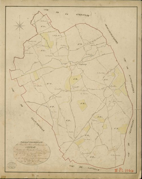 Cintray. Tableau d'assemblage _ du Plan Parcellaire de la Commune de Cintray _ Canton de Breteuil - Evreux - Eure. _ Terminé sur le Terrain en 1829 , sous l'administration de M. Le Vicomte Raymond Delaître , Préfet _ M. Roussel-Cintray, Mai