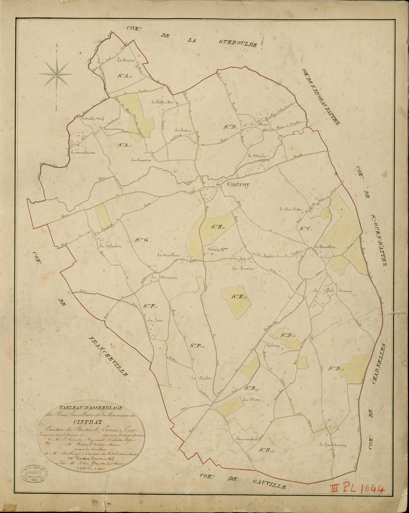 Cintray. Tableau d'assemblage _ du Plan Parcellaire de la Commune de Cintray _ Canton de Breteuil - Evreux - Eure. _ Terminé sur le Terrain en 1829 , sous l'administration de M. Le Vicomte Raymond Delaître , Préfet _ M. Roussel-Cintray, Mai