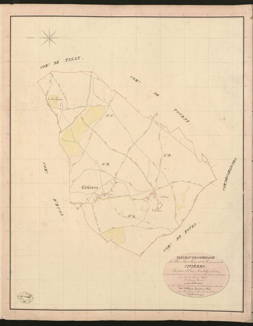 Civières. Tableau d'assemblage du Plan Parcellaire de la Commune de Civières. _ Canton d'Ecos - Andelys - Eure. _ Terminé sur le terrain le 31 août 1836, sous l'administration de M. A Passy, Préfet - M. Devin, Maire et sous la direction de 