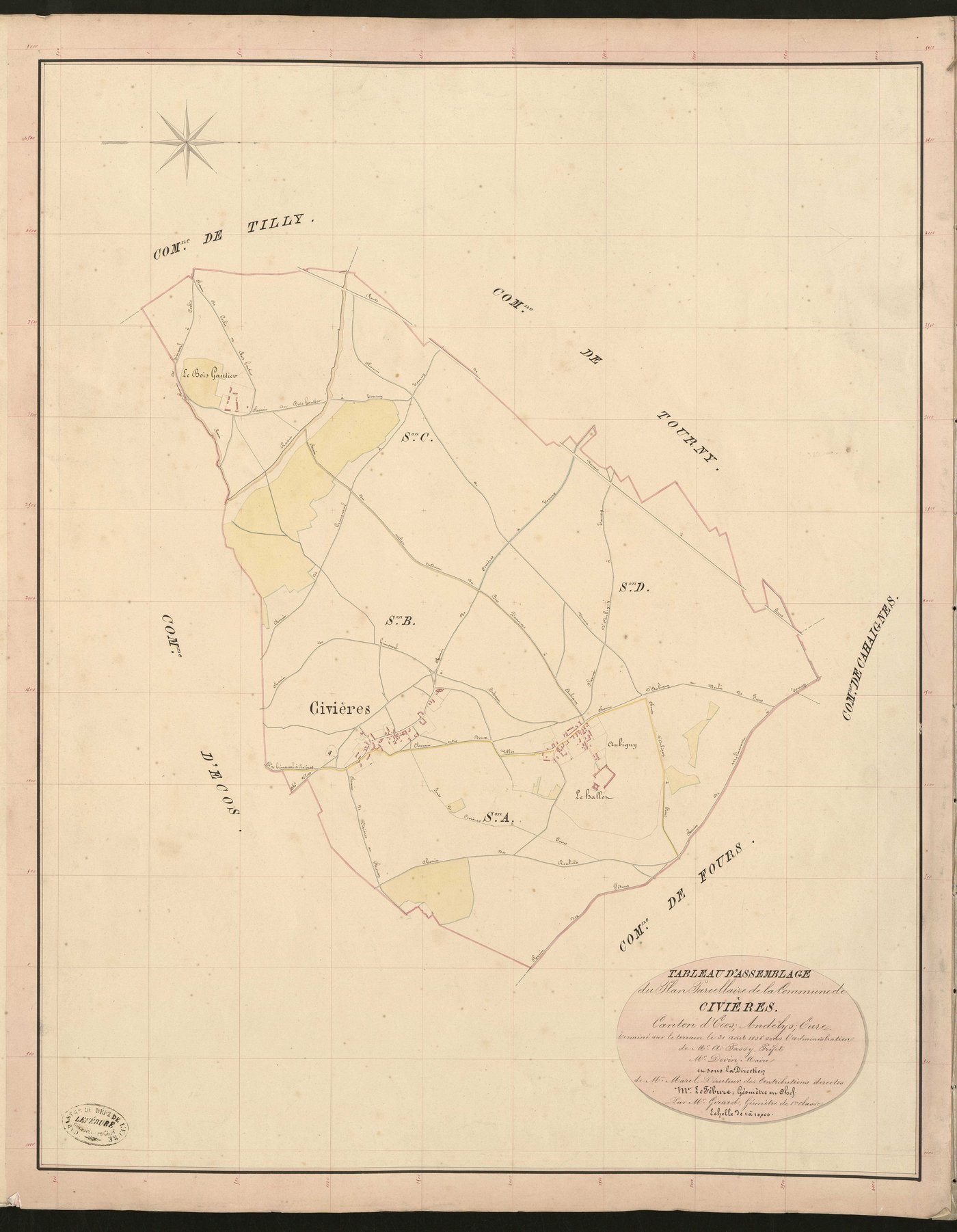 Civières. Tableau d'assemblage du Plan Parcellaire de la Commune de Civières. _ Canton d'Ecos - Andelys - Eure. _ Terminé sur le terrain le 31 août 1836, sous l'administration de M. A Passy, Préfet - M. Devin, Maire et sous la direction de 