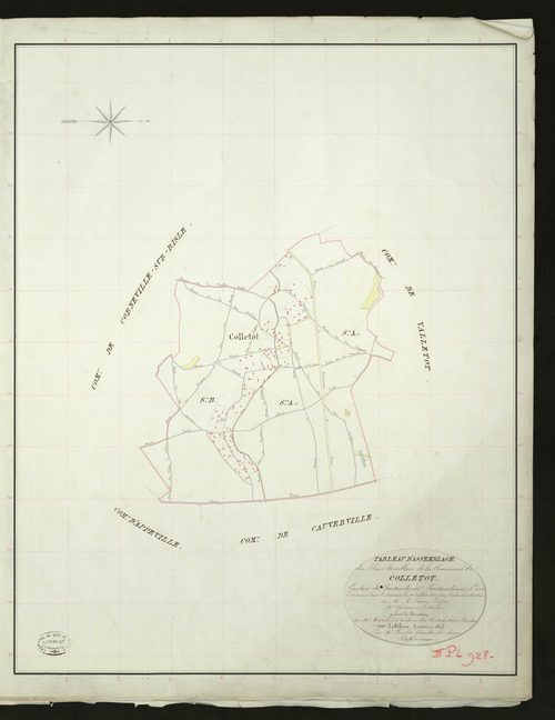 Colletot. Section B _ du Village _ Feuille Unqiue. Tableau d'assemblage _ du Plan Parcellaire de la Commune de Colletot _ Canton de Pontaudemer - Pontaudemer - Eure. _ Terminé sur le Terrain le 10 Juillet 1832, sous l'administration de M. A