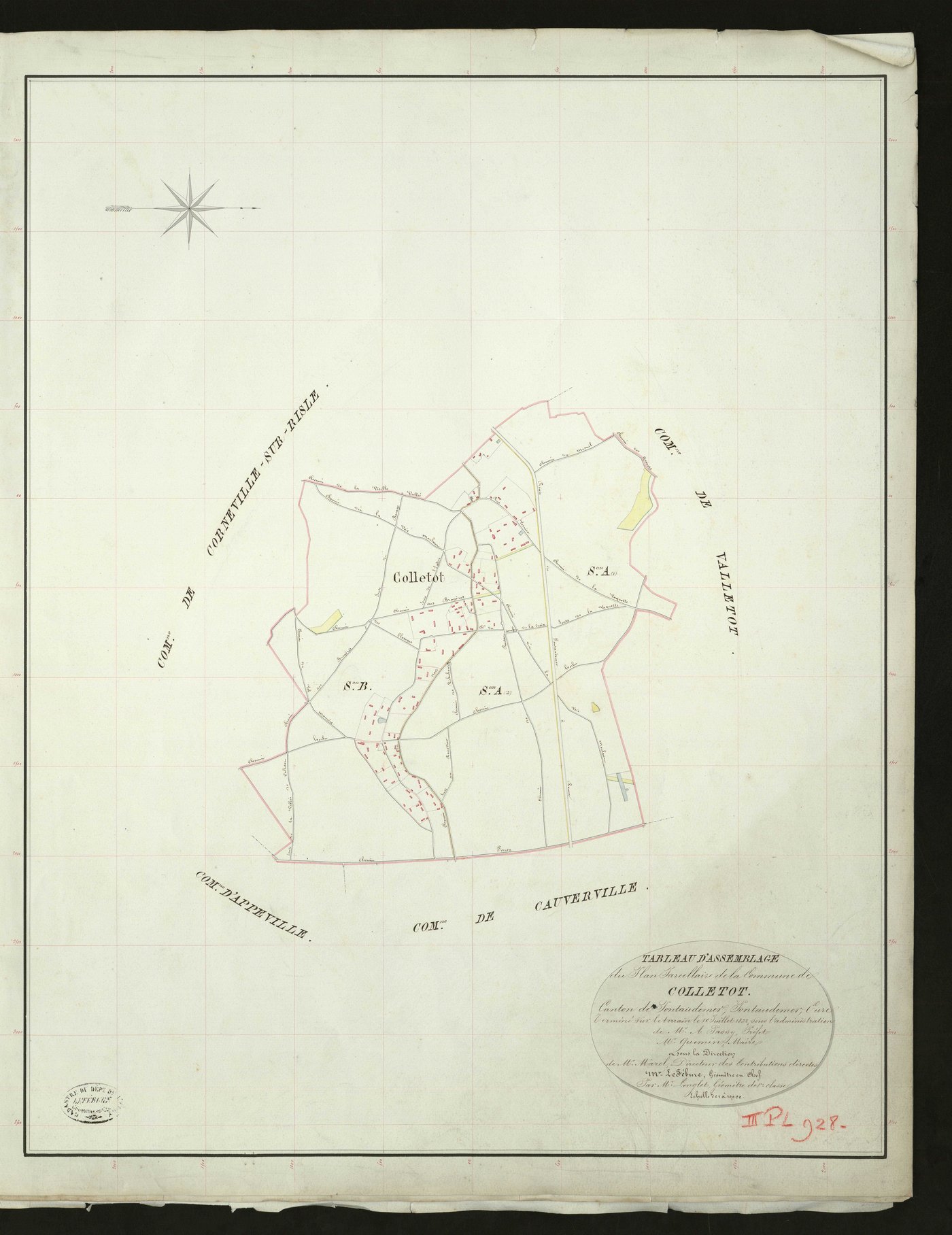 Colletot. Section B _ du Village _ Feuille Unqiue. Tableau d'assemblage _ du Plan Parcellaire de la Commune de Colletot _ Canton de Pontaudemer - Pontaudemer - Eure. _ Terminé sur le Terrain le 10 Juillet 1832, sous l'administration de M. A