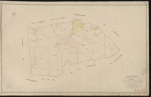 Combon. Tableau d'assemblage _ du Plan Parcellaire de la Commune de Combon. _ Canton de Beaumont-le-Roger - Bernay - Eure. _ Terminé sur le terrain en 1826 sous l'administration de M. Le Vicomte Raymond Delaitre, Préfet _ M. Monvoisin, mair