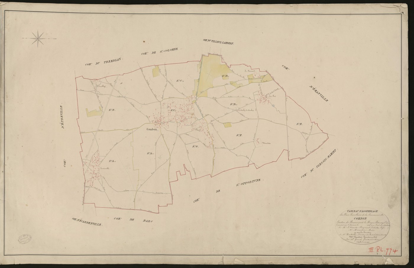 Combon. Tableau d'assemblage _ du Plan Parcellaire de la Commune de Combon. _ Canton de Beaumont-le-Roger - Bernay - Eure. _ Terminé sur le terrain en 1826 sous l'administration de M. Le Vicomte Raymond Delaitre, Préfet _ M. Monvoisin, mair
