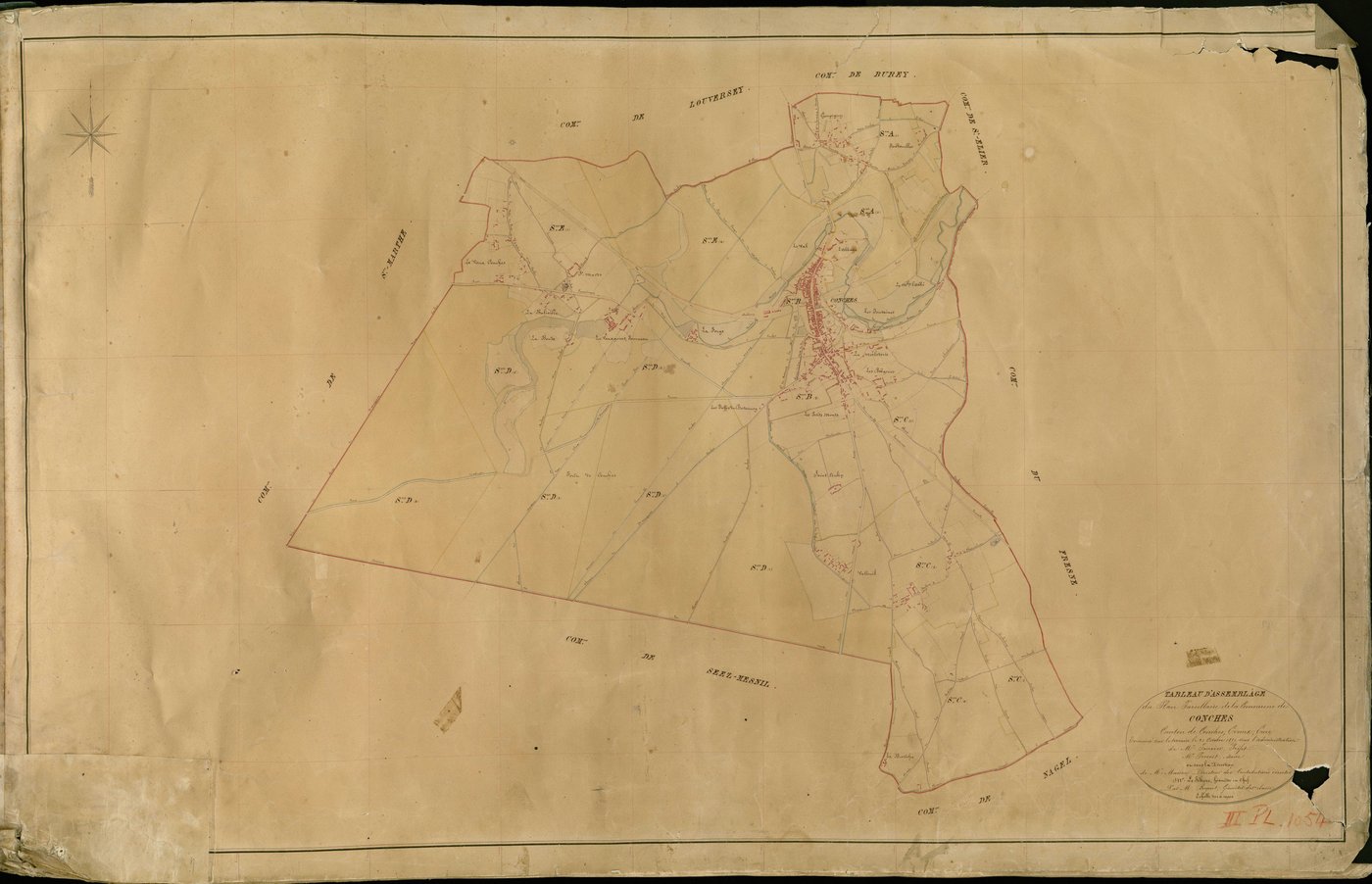 Conches-en-Ouche. Tableau d'assemblage _ du Plan Parcellaire de la Commune de Conches _ Canton de Conches - Evreux - Eure. _ Terminé sur le Terrain le 21 Octobre 1859 , sous l'administration de M. Janvier, Préfet _ M. Prévost, Maire _ sous 