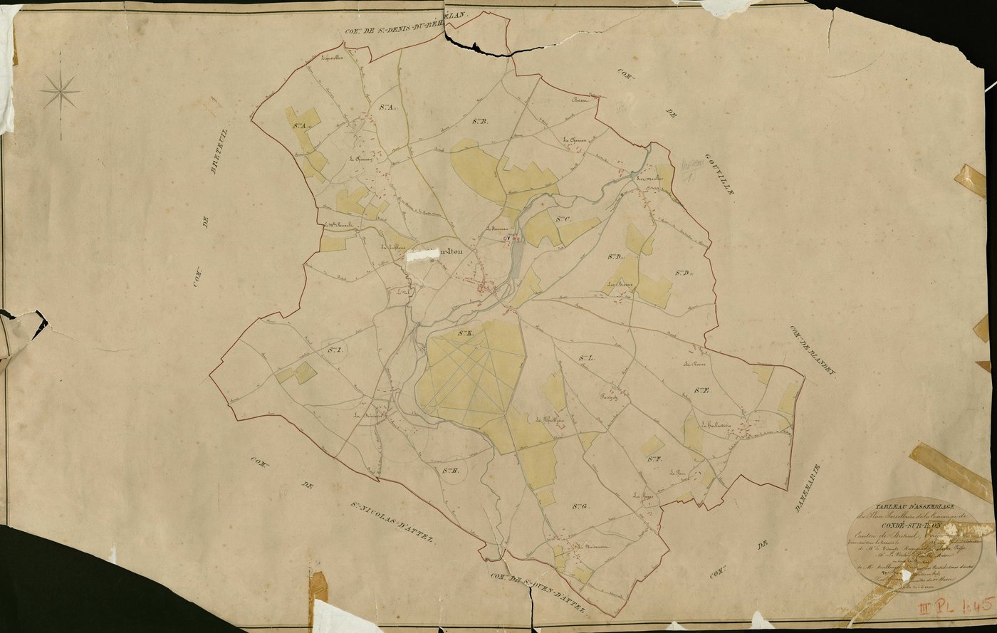 Condé-sur-Iton. Tableau d'assemblage _ du Plan Parcellaire de la Commune de Condé-sur-Iton _ Canton de Breteuil - Evreux - Eure. _ Terminé sur le Terrain en 1829 , sous l'administration de M. Le Vicomte Raymond Delaître , Préfet _ M. Le Vac