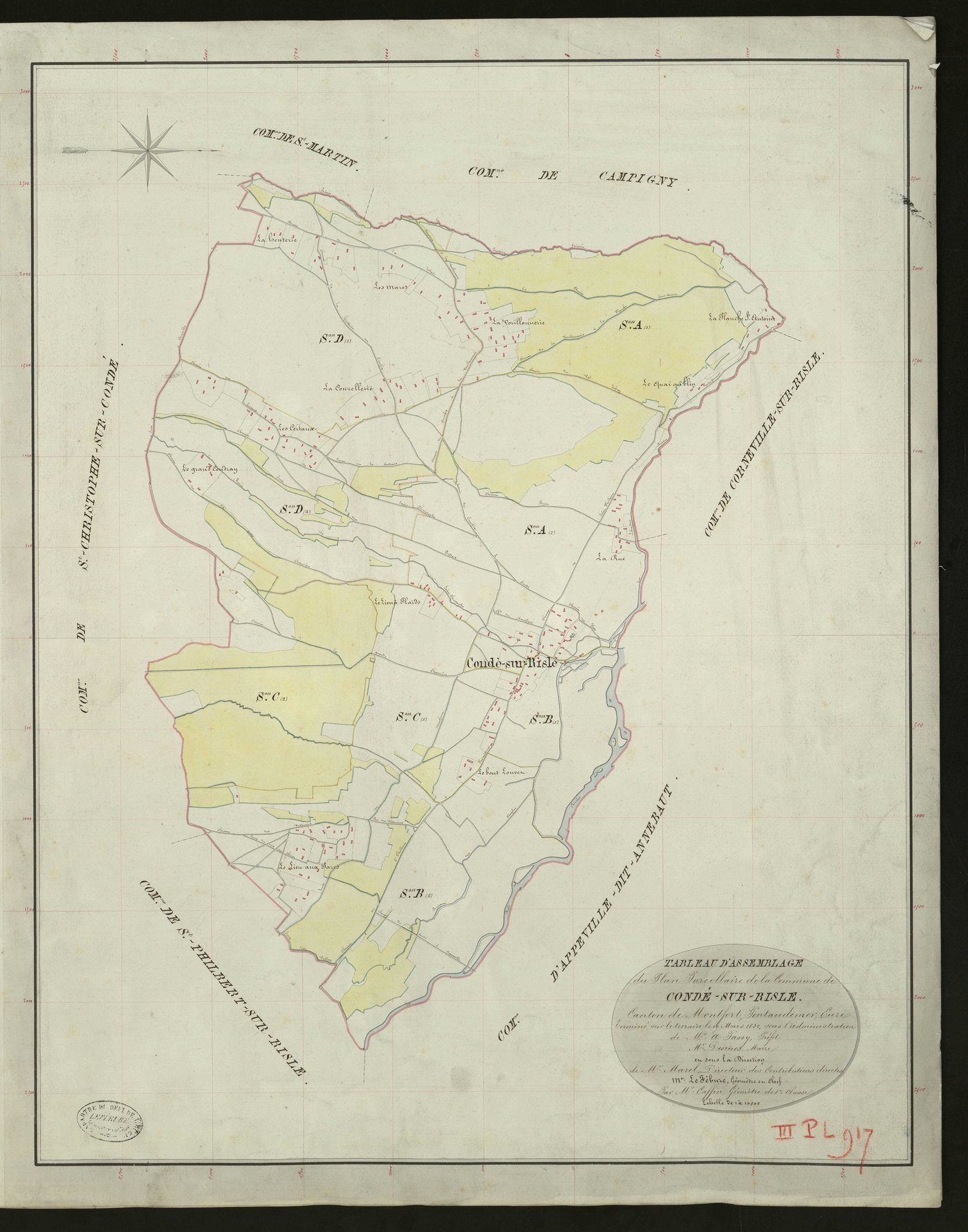 Condé-sur-Risle. Tableau d'assemblage _ du Plan Parcellaire de la Commune de Condé-Sur-Risle _ Canton de Montfort - Pontaudemer - Eure. _ Terminé sur le Terrain le 19 mars 1832, sous l'administration de M. A Passy, Préfet _ M. Desrues, Mair