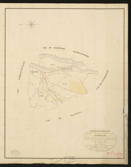 Connelles. Tableau d'assemblage _ du Plan Parcellaire de la Commune de Connelles. _ Canton de Pont-de-l'Arche - Louviers - Eure. _ Terminé sur le terrain le 20 novembre 1834 sous l'administration de M. A. Passy, Préfet _ M. Vallet, maire _ 