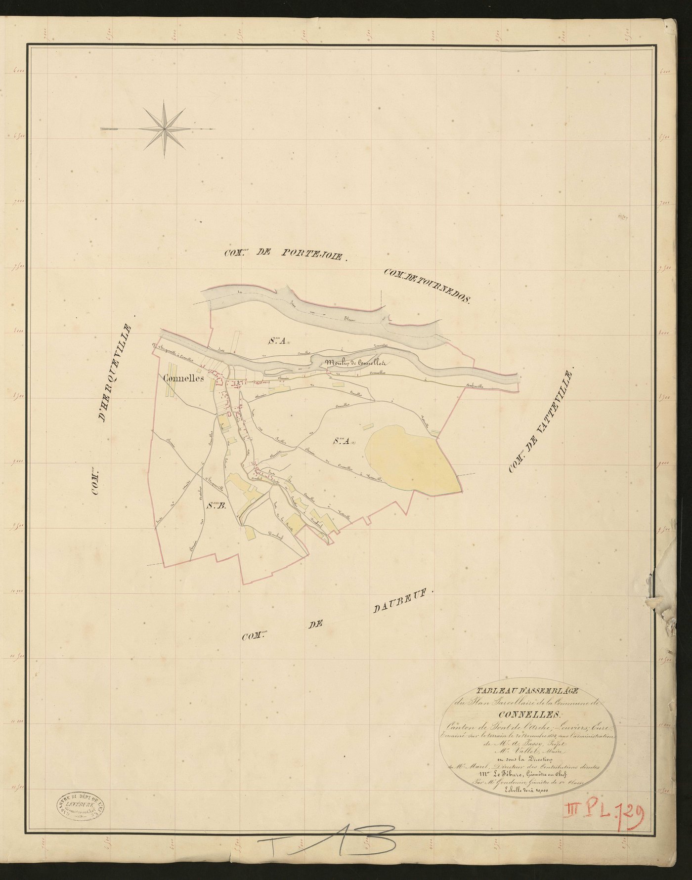 Connelles. Tableau d'assemblage _ du Plan Parcellaire de la Commune de Connelles. _ Canton de Pont-de-l'Arche - Louviers - Eure. _ Terminé sur le terrain le 20 novembre 1834 sous l'administration de M. A. Passy, Préfet _ M. Vallet, maire _ 