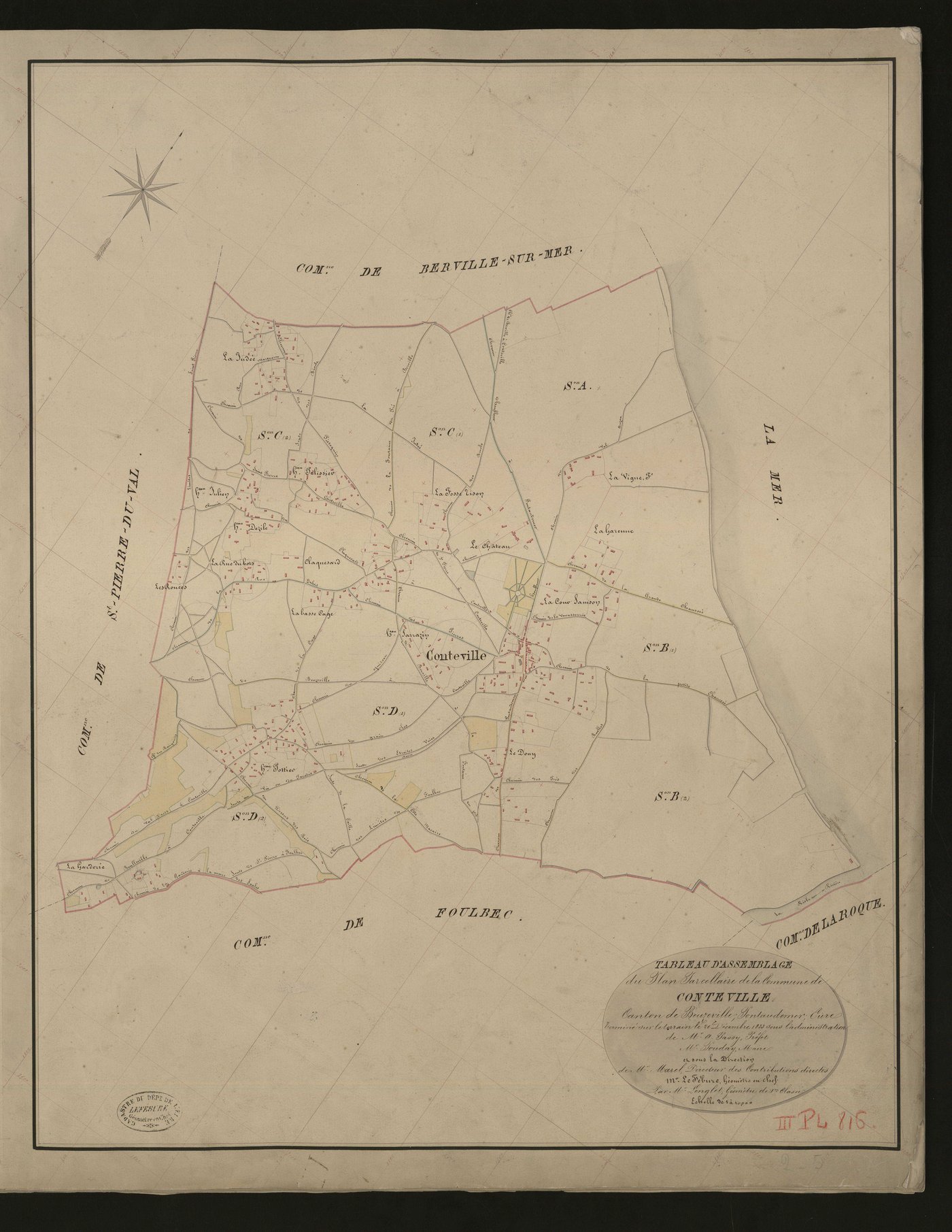 Conteville. Tableau d'assemblage _ du Plan Parcellaire de la Commune de Conteville _ Canton de Beuzeville - Pontaudemer - Eure. _ Terminé sur le terrain le 20 décembre 1833, sous l'administration de M. A Passy, Préfet _ M. Poudray, maire _ 