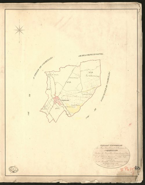 Cormeilles. Tableau d'assemblage du Plan Parcellaire de la Commune de Cormeilles. _ Canton de Cormeilles - Pontaudemer - Eure. _ Terminé sur le terrain en 1826, sous l'administration de M. Le Vicomte Raymond Delaitre, Préfet - M. Delaunay, 