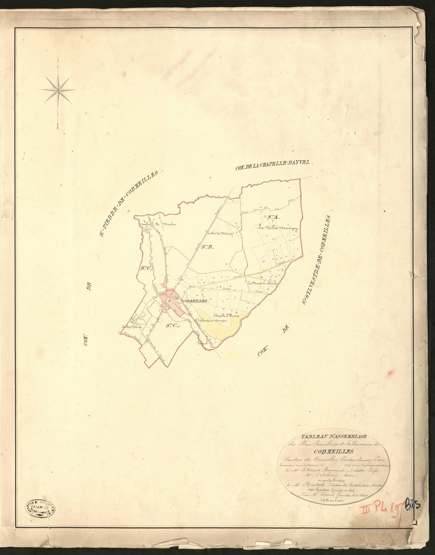Cormeilles. Tableau d'assemblage du Plan Parcellaire de la Commune de Cormeilles. _ Canton de Cormeilles - Pontaudemer - Eure. _ Terminé sur le terrain en 1826, sous l'administration de M. Le Vicomte Raymond Delaitre, Préfet - M. Delaunay, 