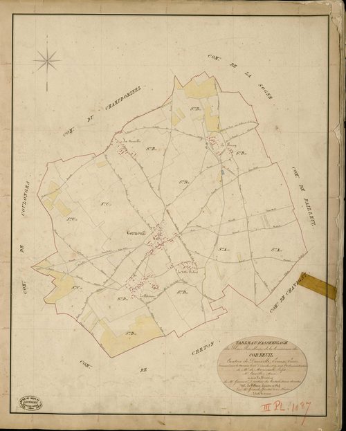 Corneuil. Tableau d'assemblage _ du Plan Parcellaire de la Commune de Corneuil _ Canton de Damville - Evreux - Eure. _ Terminé sur le Terrain le 25 Décembre 1839 , sous l'administration de M. de Monicault, Préfet _ M. Carbille, Maire _ sous
