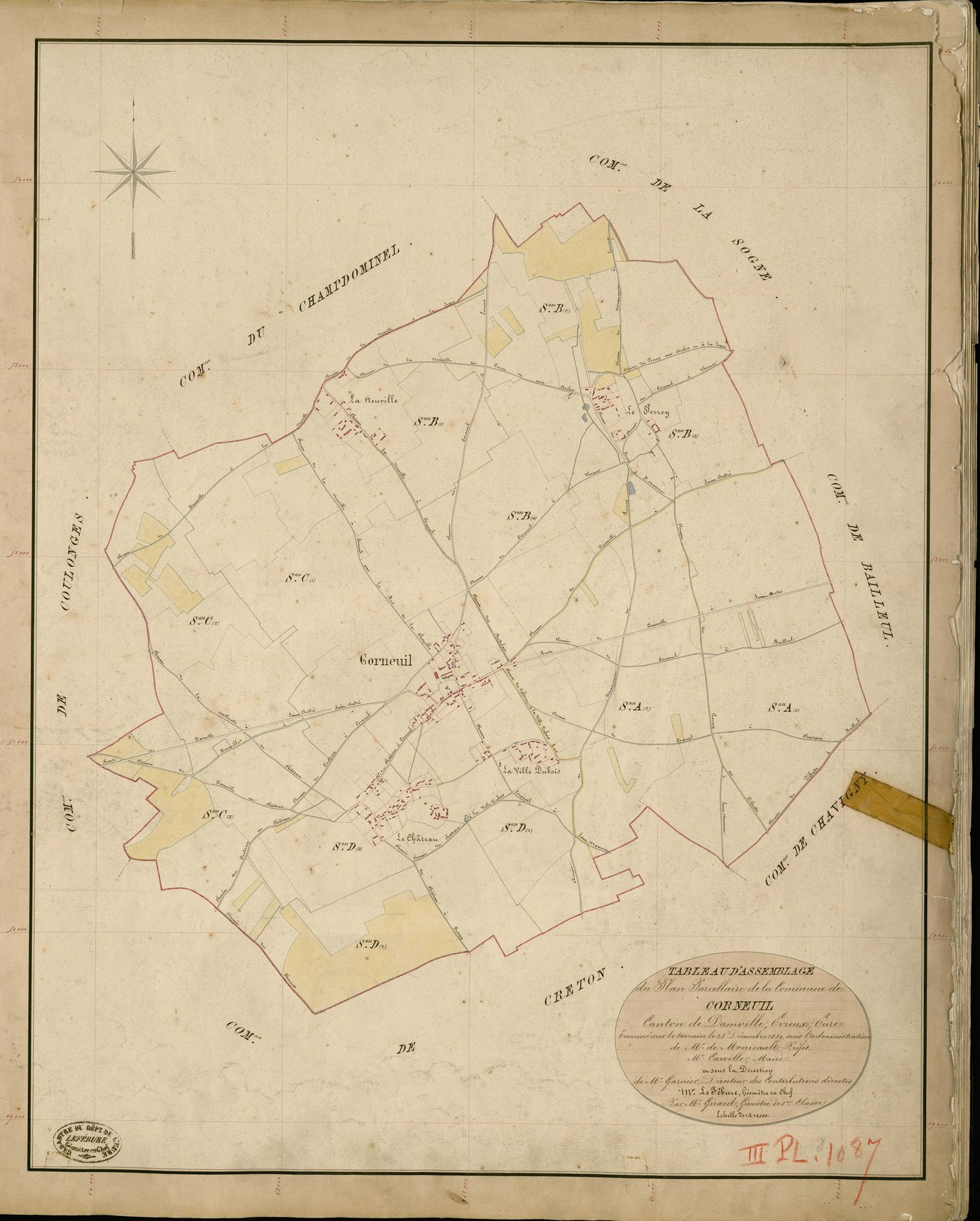 Corneuil. Tableau d'assemblage _ du Plan Parcellaire de la Commune de Corneuil _ Canton de Damville - Evreux - Eure. _ Terminé sur le Terrain le 25 Décembre 1839 , sous l'administration de M. de Monicault, Préfet _ M. Carbille, Maire _ sous