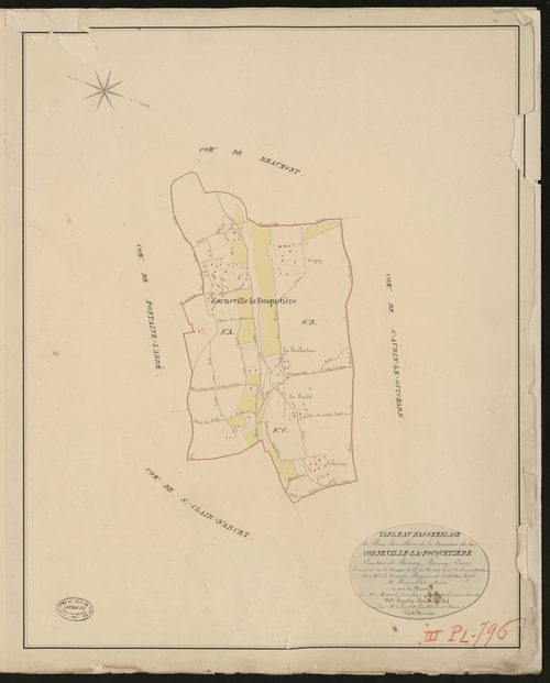 Corneville-la-Fouquetière. Tableau d'assemblage du Plan Parcellaire de la Commune de Corneville-la-Fouquetière _ Canton de Bernay - Bernay - Eure. _ Terminé sur le terrain le 25 juillet 1830, sous l'administration de M. Le Vicomte Raymond D