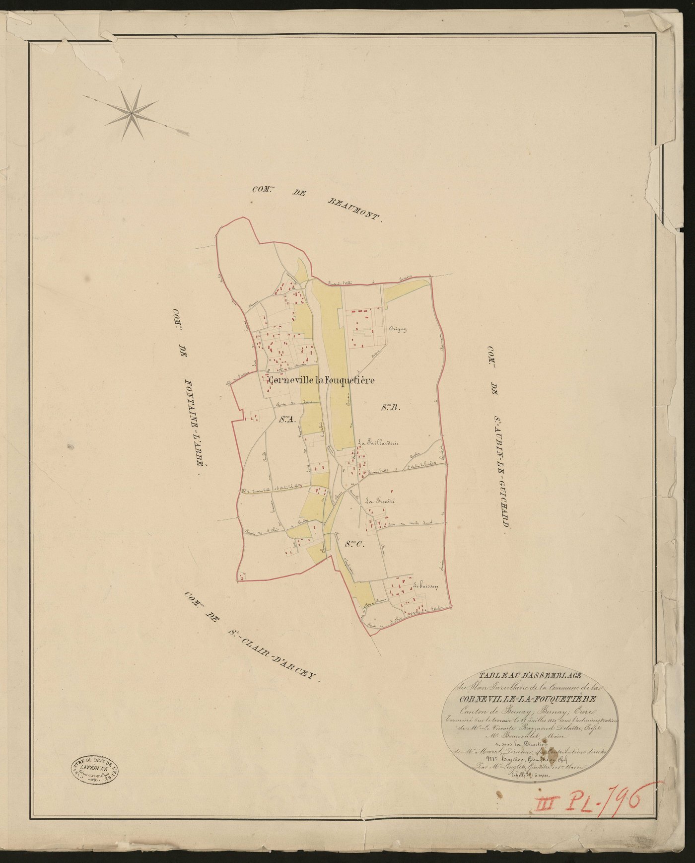 Corneville-la-Fouquetière. Tableau d'assemblage du Plan Parcellaire de la Commune de Corneville-la-Fouquetière _ Canton de Bernay - Bernay - Eure. _ Terminé sur le terrain le 25 juillet 1830, sous l'administration de M. Le Vicomte Raymond D