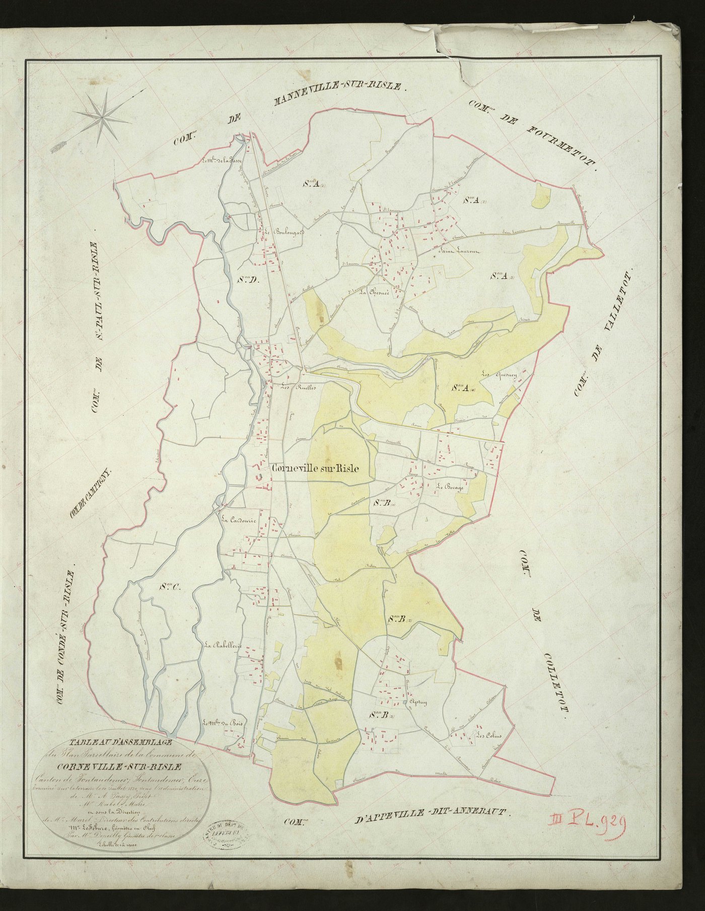 Corneville-sur-Risle. Tableau d'assemblage _ du Plan Parcellaire de la Commune de Corneville-sur-Risle _ Canton de Pontaudemer - Pontaudemer - Eure. _ Terminé sur le Terrain le 10 Juillet 1832, sous l'administration de M. A Passy, Préfet _ 