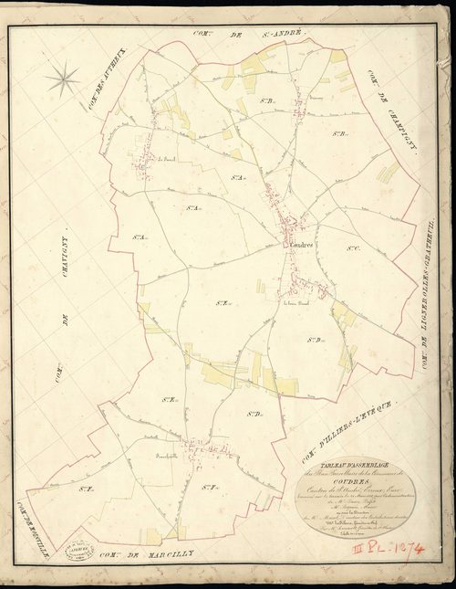 Coudres. Tableau d'assemblage _ du Plan Parcellaire de la Commune de Coudres _ Canton de Saint André - Evreux - Eure. _ Terminé sur le Terrain le 20 Mars 1838, sous l'administration de M. Passy, Préfet _ M. Boquin, Maire _ et sous la Direct