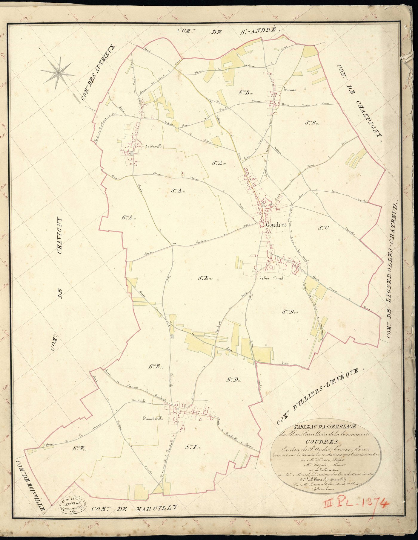 Coudres. Tableau d'assemblage _ du Plan Parcellaire de la Commune de Coudres _ Canton de Saint André - Evreux - Eure. _ Terminé sur le Terrain le 20 Mars 1838, sous l'administration de M. Passy, Préfet _ M. Boquin, Maire _ et sous la Direct