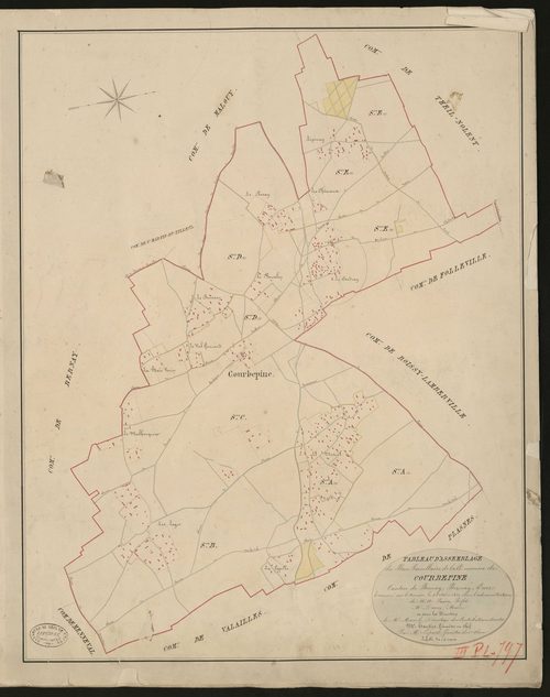 Courbépine. Tableau d'assemblage du Plan Parcellaire de la Commune de Courbépine _ Canton de Bernay - Bernay - Eure. _ Terminé sur le terrain le 4 octobre 1830, sous l'administration de M. A Passy, Préfet - M. Duroy, Maire et sous la direct