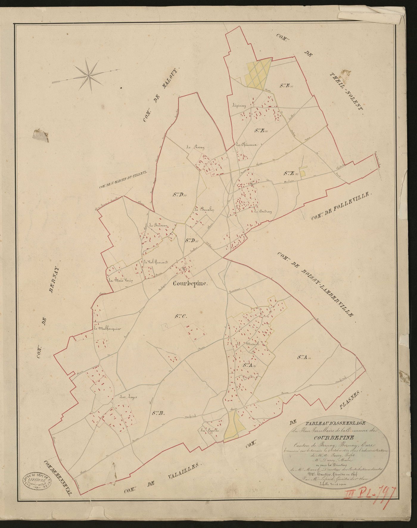 Courbépine. Tableau d'assemblage du Plan Parcellaire de la Commune de Courbépine _ Canton de Bernay - Bernay - Eure. _ Terminé sur le terrain le 4 octobre 1830, sous l'administration de M. A Passy, Préfet - M. Duroy, Maire et sous la direct