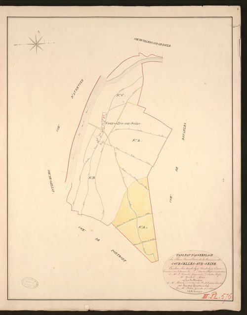 Courcelles-sur-Seine. Tableau d'assemblage du Plan Parcellaire de la Commune de Courcelles-sur-Seine. _ Canton des Andelys - Andelys - Eure. _ Terminé sur le terrain en 1830, sous l'administration de M. Le Vicomte Raymond Delaitre, Préfet -