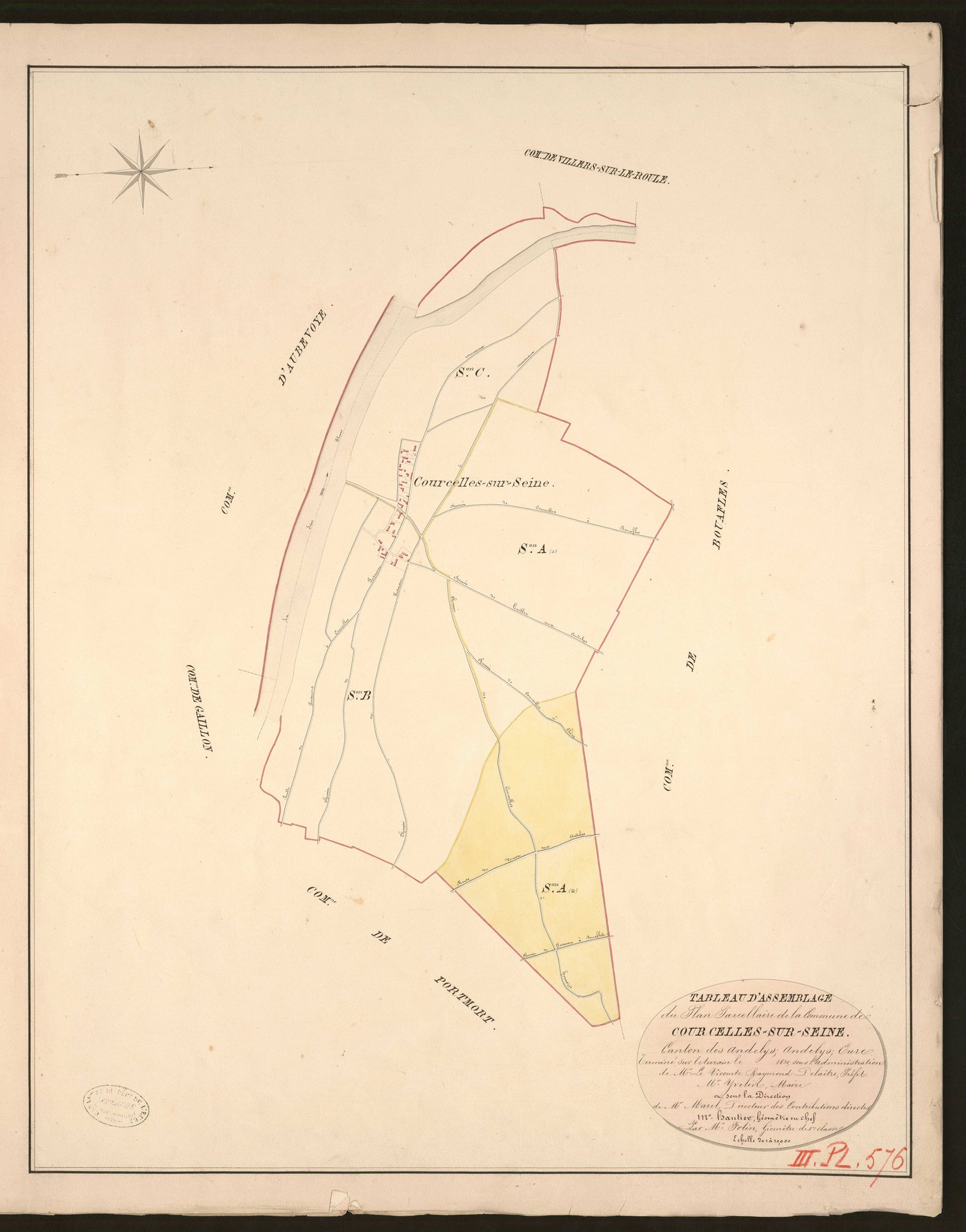 Courcelles-sur-Seine. Tableau d'assemblage du Plan Parcellaire de la Commune de Courcelles-sur-Seine. _ Canton des Andelys - Andelys - Eure. _ Terminé sur le terrain en 1830, sous l'administration de M. Le Vicomte Raymond Delaitre, Préfet -