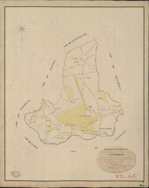 Courteilles. Tableau d'assemblage _ du Plan Parcellaire de la Commune de Courteilles _ Canton de Verneuil - Evreux - Eure. _ Terminé sur le Terrain le 20 Novembre 1835, sous l'administration de M. A. Passy, Préfet _ M. Dozières, Maire _ et 