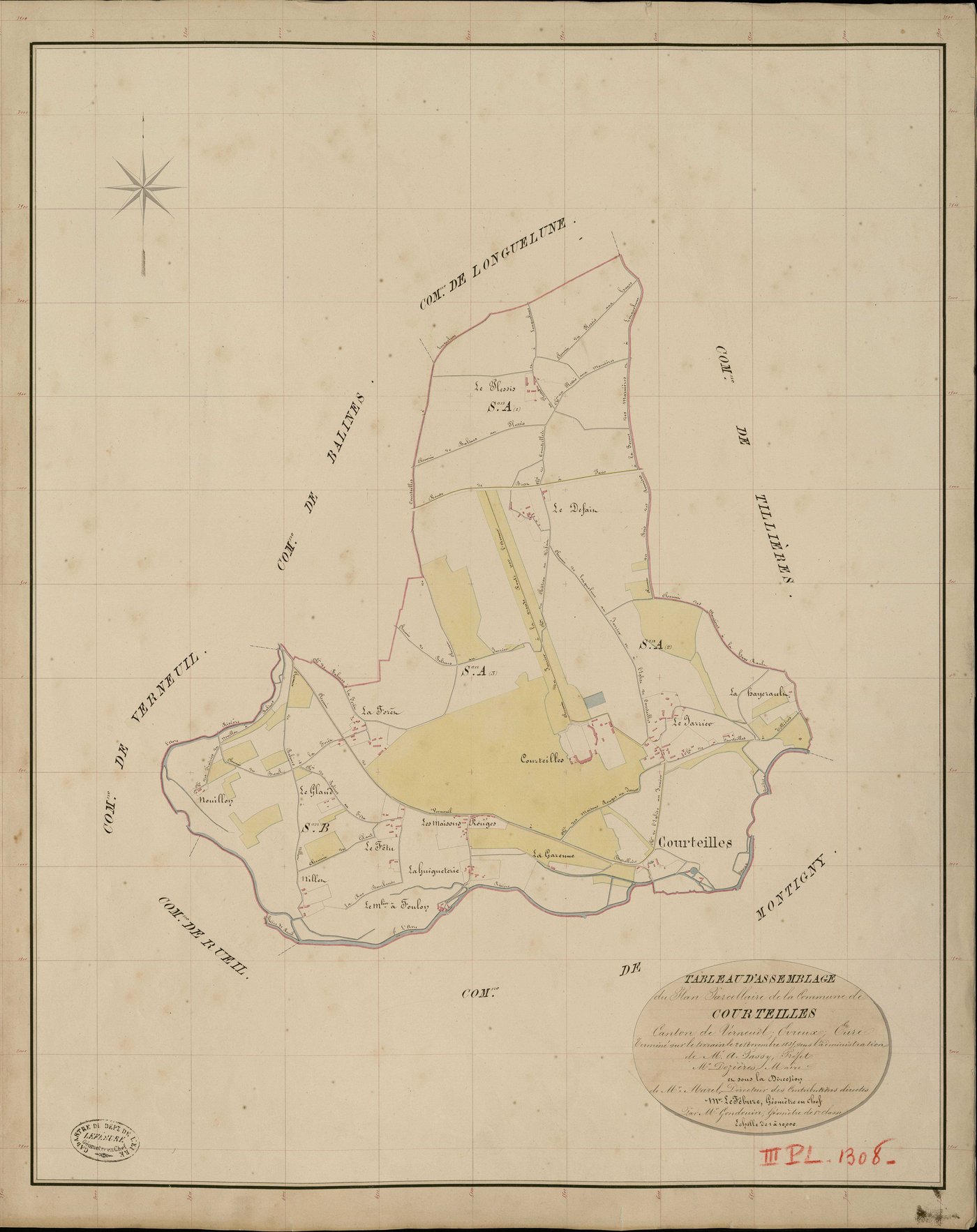 Courteilles. Tableau d'assemblage _ du Plan Parcellaire de la Commune de Courteilles _ Canton de Verneuil - Evreux - Eure. _ Terminé sur le Terrain le 20 Novembre 1835, sous l'administration de M. A. Passy, Préfet _ M. Dozières, Maire _ et 