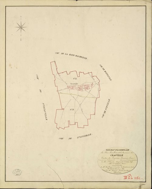 Crasville. Tableau d'assemblage _ du Plan Parcellaire de la Commune de Crasville _ Canton de Louviers - Louviers - Eure. _ Terminé sur le Terrain en 1823, sous l'administration de M. Le Vicomte Raymond Delaître, Préfet _ M. Delamare, Maire 