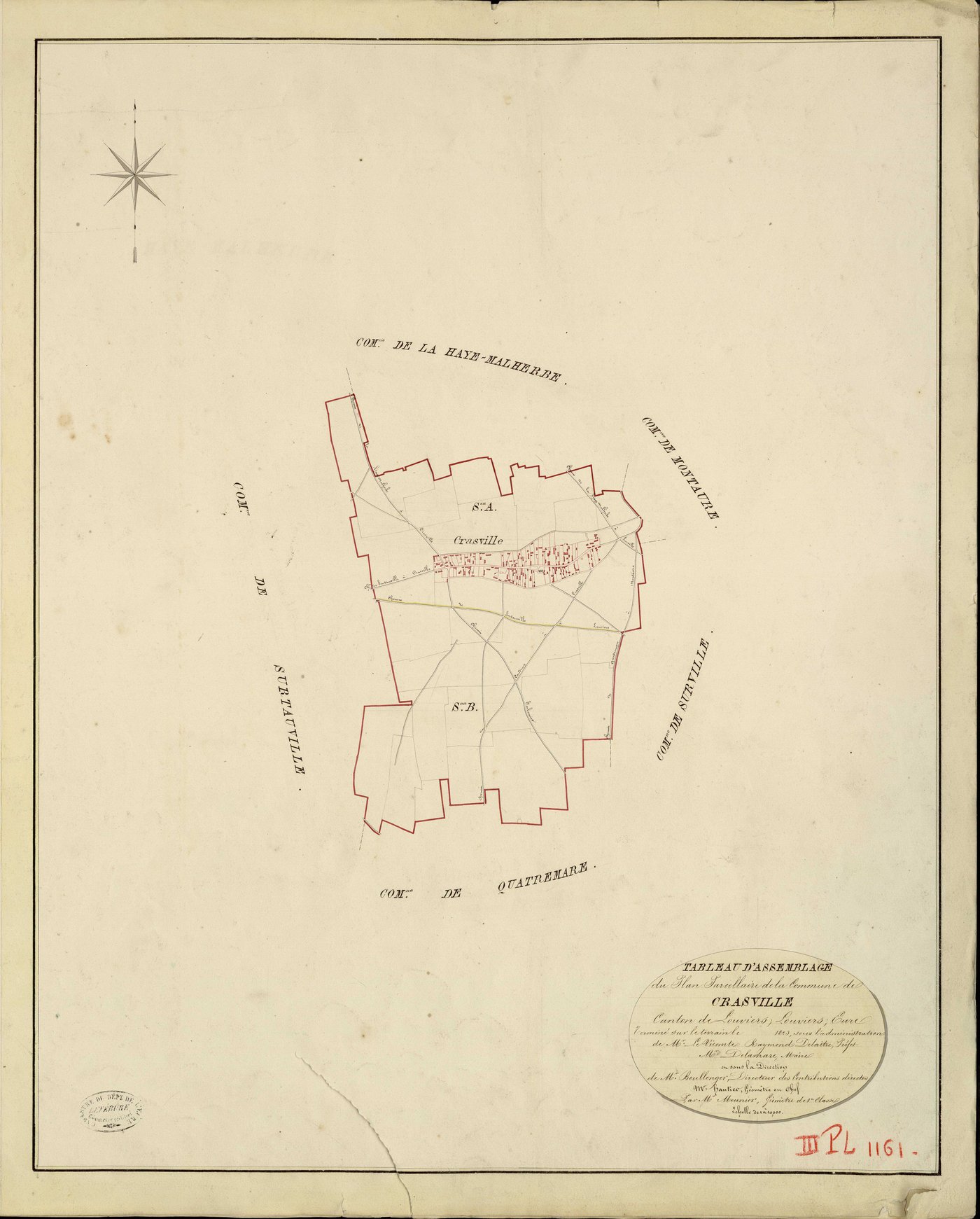 Crasville. Tableau d'assemblage _ du Plan Parcellaire de la Commune de Crasville _ Canton de Louviers - Louviers - Eure. _ Terminé sur le Terrain en 1823, sous l'administration de M. Le Vicomte Raymond Delaître, Préfet _ M. Delamare, Maire 