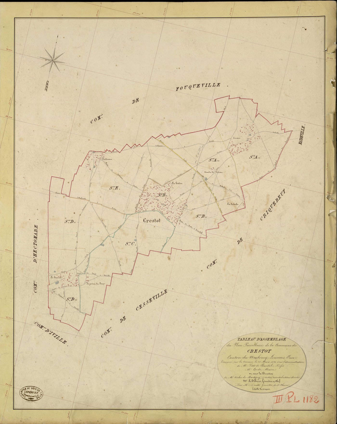 Crestot. Tableau d'assemblage _ du Plan Parcellaire de la Commune de Crestot _ Canton de Neubourg - Louviers - Eure. _ Terminé sur le Terrain le 26 Mars 1846, sous l'administration de M. Petit de Bantel, Préfet _ M. Corde, Maire _ et sous l