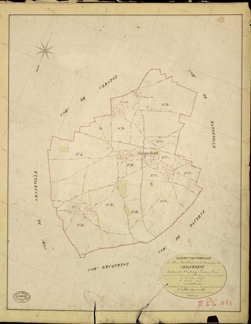 Criquebeuf-la-Campagne. Tableau d'assemblage _ du Plan Parcellaire de la Commune de Criquebeuf _ Canton de Neubourg - Louviers - Eure. _ Terminé sur le Terrain le 6 Juillet 1845, sous l'administration de M. Zédé, Préfet _ M. Châtel, Maire _