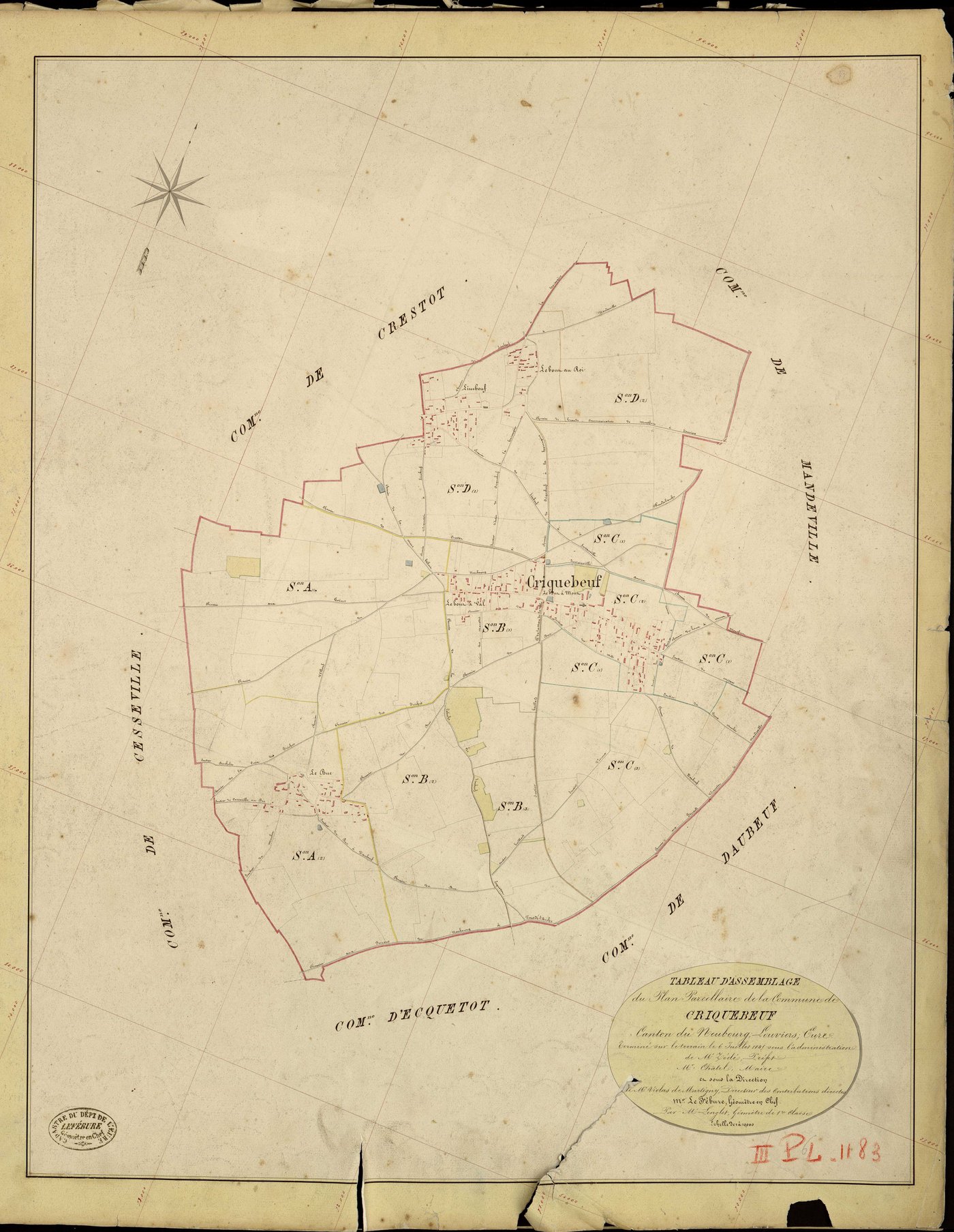 Criquebeuf-la-Campagne. Tableau d'assemblage _ du Plan Parcellaire de la Commune de Criquebeuf _ Canton de Neubourg - Louviers - Eure. _ Terminé sur le Terrain le 6 Juillet 1845, sous l'administration de M. Zédé, Préfet _ M. Châtel, Maire _