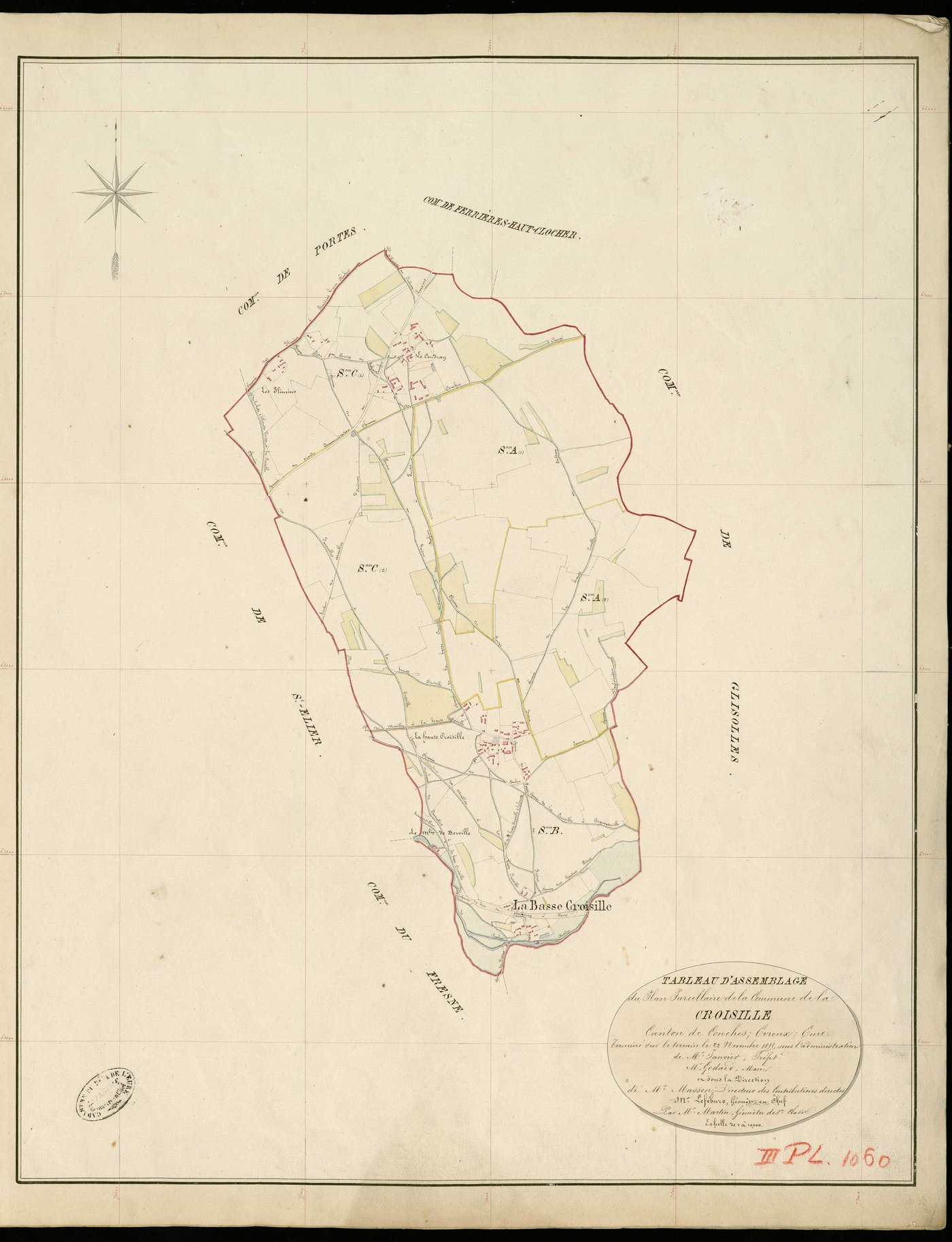 Croisille (La). Tableau d'assemblage _ du Plan Parcellaire de la Commune de Croisille _ Canton de Conches - Evreux - Eure. _ Terminé sur le Terrain le 22 Novembre 1855 , sous l'administration de M. Janvier, Préfet _ M. Godard, Maire _ sous 