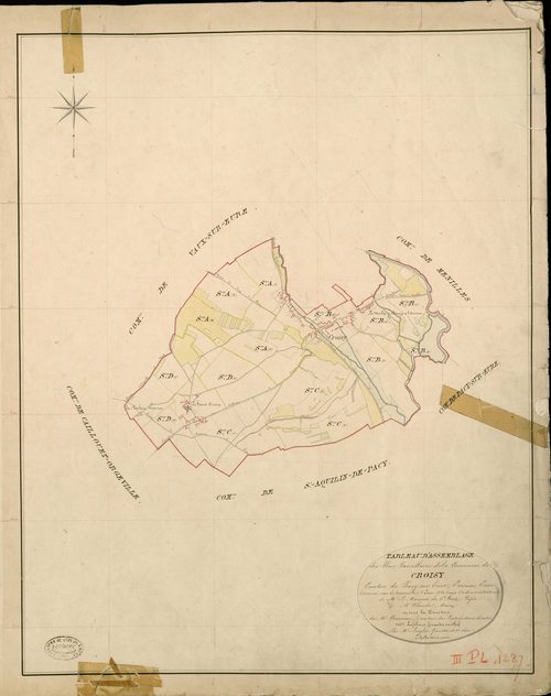 Croisy-sur-Eure. Tableau d'assemblage _ du Plan Parcellaire de la Commune de Croisy _ Canton de Pacy sur Eure - Evreux - Eure. _ Terminé sur le Terrain le 2 Juin 1853, sous l'administration de M. Le Marquis de Ste Croix, Préfet _ M. Colombe