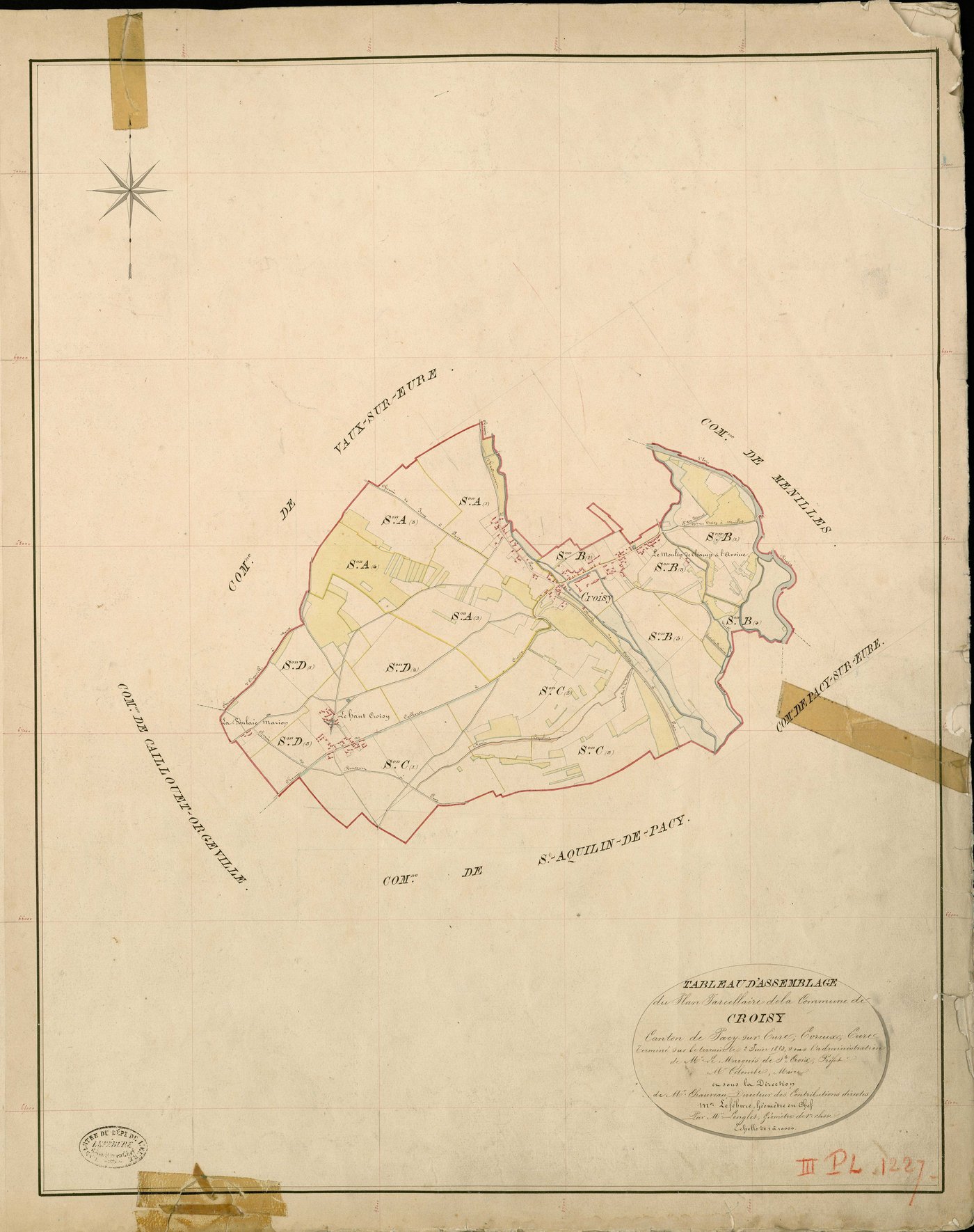 Croisy-sur-Eure. Tableau d'assemblage _ du Plan Parcellaire de la Commune de Croisy _ Canton de Pacy sur Eure - Evreux - Eure. _ Terminé sur le Terrain le 2 Juin 1853, sous l'administration de M. Le Marquis de Ste Croix, Préfet _ M. Colombe