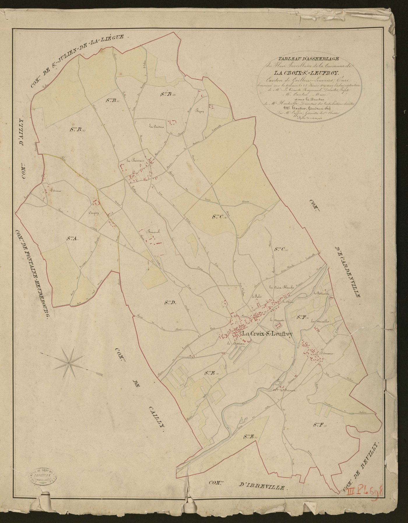 Croix-Saint-Leufroy (La). Tableau d'assemblage du Plan Parcellaire de la Commune de La Croix-Saint-Leufroy. _ Canton de Gaillon - Louviers - Eure. _ Terminé sur le terrain le 25 février 1829, sous l'administration de M. Le Vicomte Raymond D