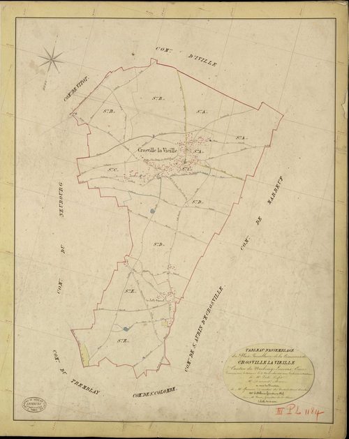 Crosville-la-Vieille. Tableau d'assemblage _ du Plan Parcellaire de la Commune de Crosville la Vieille _ Canton de Neubourg - Louviers - Eure. _ Terminé sur le Terrain le 5 Novembre 1843, sous l'administration de M. Zédé, Préfet _ M. Dumont