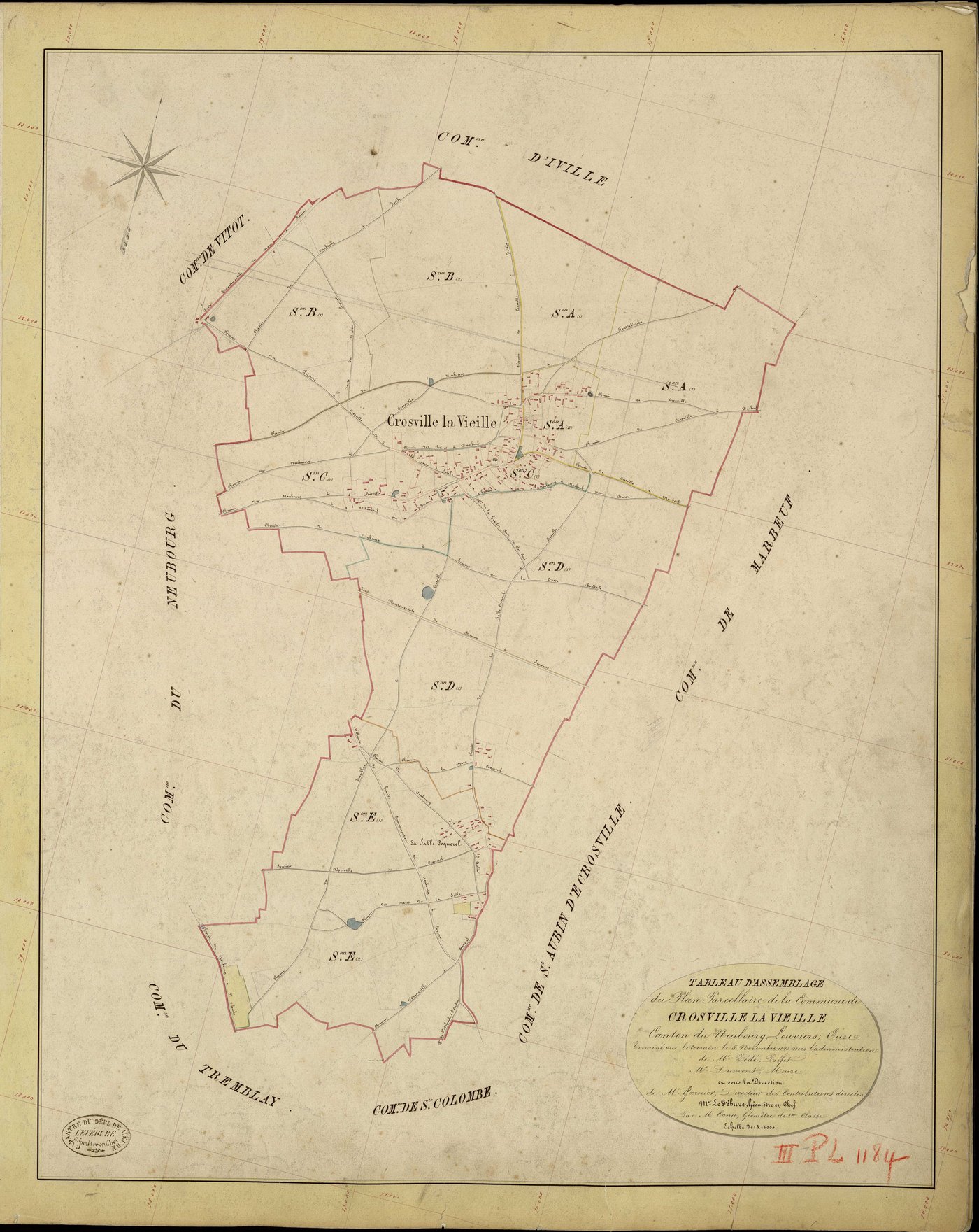 Crosville-la-Vieille. Tableau d'assemblage _ du Plan Parcellaire de la Commune de Crosville la Vieille _ Canton de Neubourg - Louviers - Eure. _ Terminé sur le Terrain le 5 Novembre 1843, sous l'administration de M. Zédé, Préfet _ M. Dumont