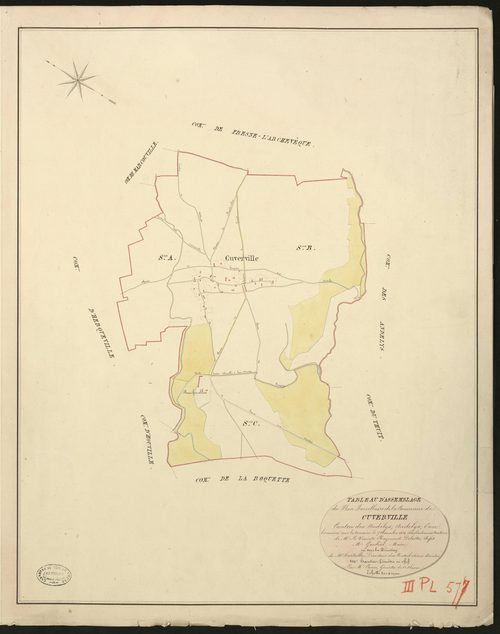 Cuverville. Tableau d'assemblage du Plan Parcellaire de la Commune de Cuverville. _ Canton des Andelys - Andelys - Eure. _ Terminé sur le terrain le 5 novembre 1828, sous l'administration de M. Le Vicomte Raymond Delaitre, Préfet - M. Gauli