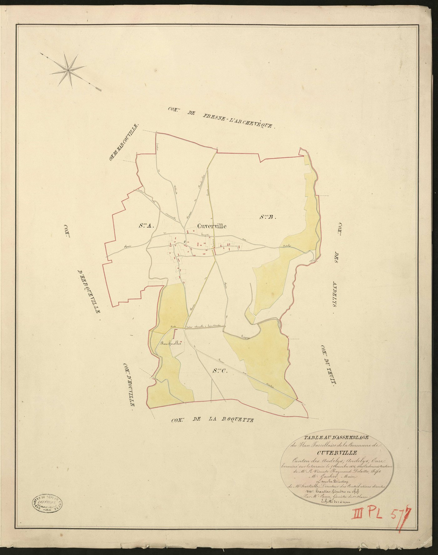 Cuverville. Tableau d'assemblage du Plan Parcellaire de la Commune de Cuverville. _ Canton des Andelys - Andelys - Eure. _ Terminé sur le terrain le 5 novembre 1828, sous l'administration de M. Le Vicomte Raymond Delaitre, Préfet - M. Gauli