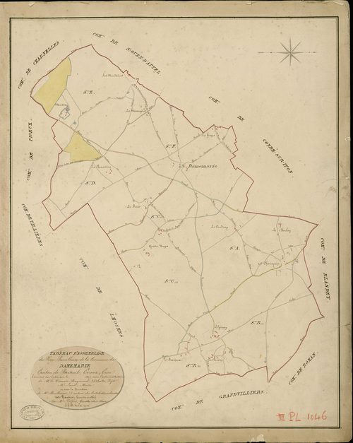 Dame-Marie. Tableau d'assemblage _ du Plan Parcellaire de la Commune de Damemarie _ Canton de Breteuil - Evreux - Eure. _ Terminé sur le Terrain en 1829 , sous l'administration de M. Le Vicomte Raymond Delaître , Préfet _ M. Laine, Maire _ 