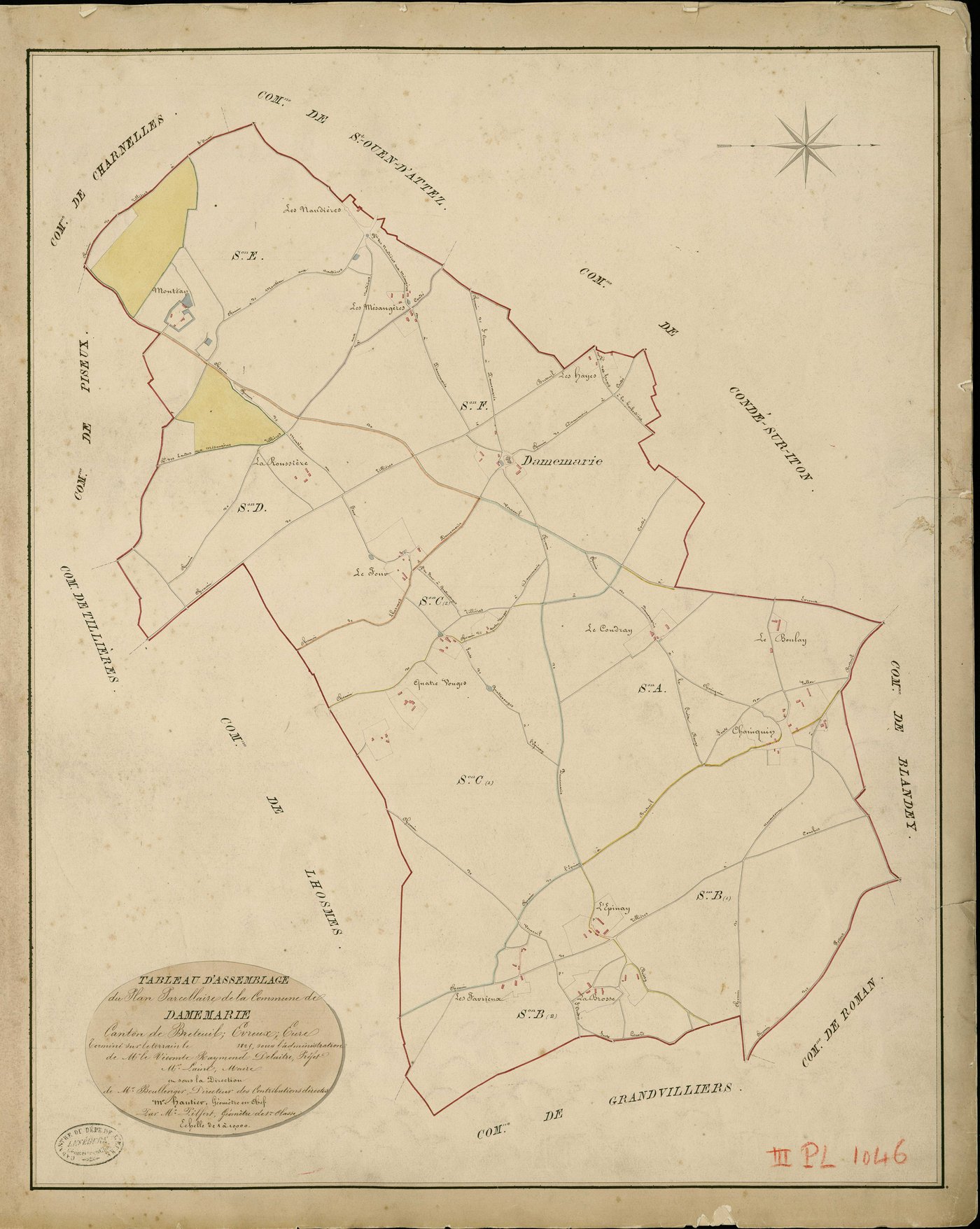 Dame-Marie. Tableau d'assemblage _ du Plan Parcellaire de la Commune de Damemarie _ Canton de Breteuil - Evreux - Eure. _ Terminé sur le Terrain en 1829 , sous l'administration de M. Le Vicomte Raymond Delaître , Préfet _ M. Laine, Maire _ 
