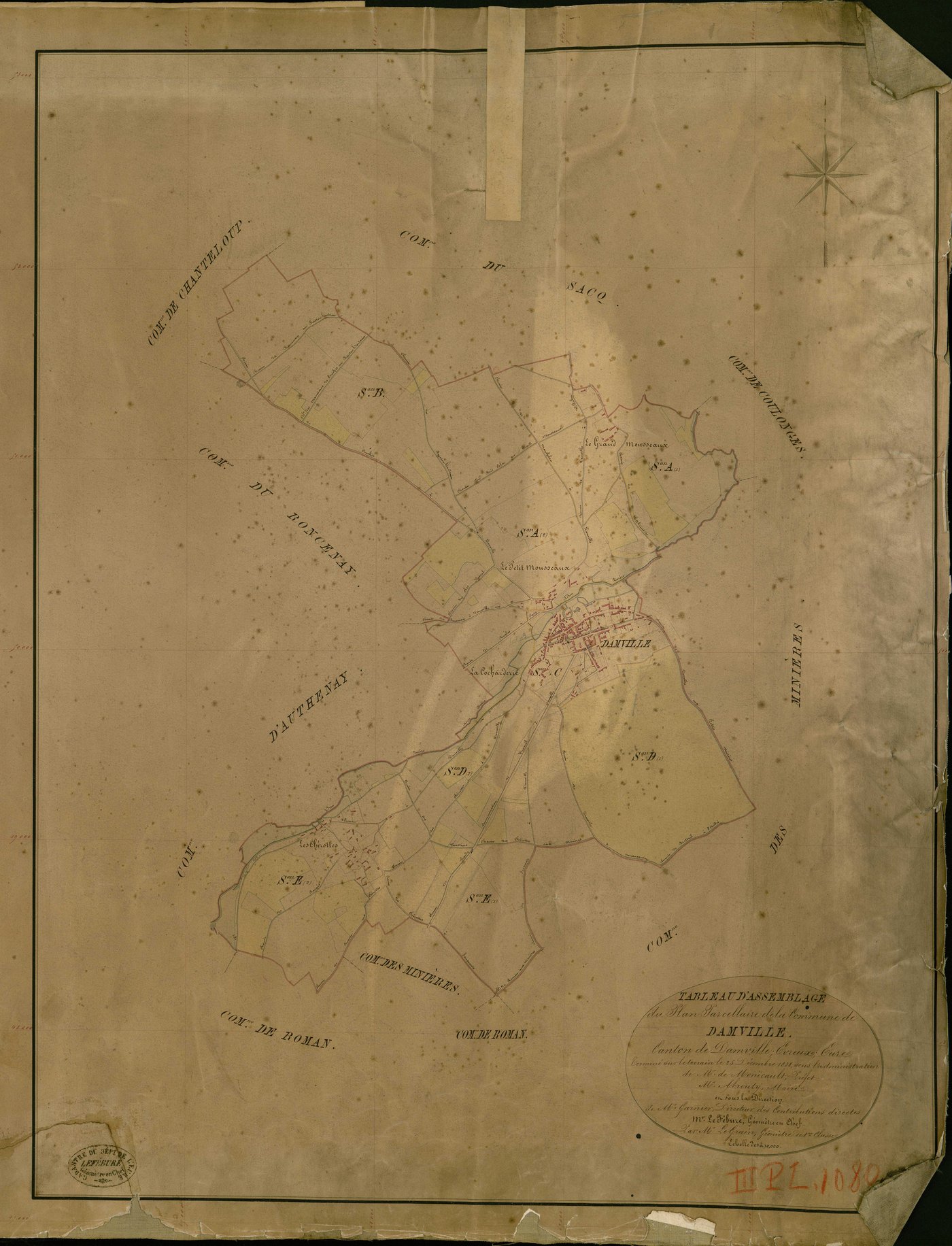 Damville. Tableau d'assemblage _ du Plan Parcellaire de la Commune de Damville _ Canton de Damville - Evreux - Eure. _ Terminé sur le Terrain le 25 Décembre 1838 , sous l'administration de M. de Monicault, Préfet _ M. Abrouty, Maire _ sous 