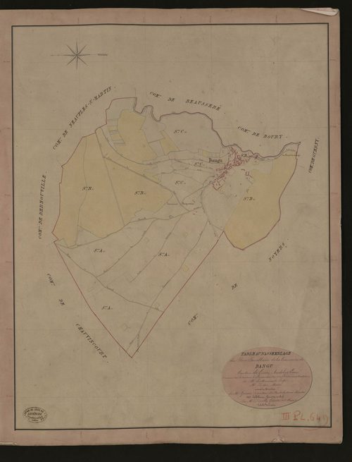 Dangu. Tableau d'assemblage du Plan Parcellaire de la Commune de Dangu. _ Canton de Gisors - Andelys - Eure. _ Terminé sur le terrain le 9 septmbre 1840, sous l'administration de M. de Monicault, Préfet - M. Diévé, Maire et sous la directio