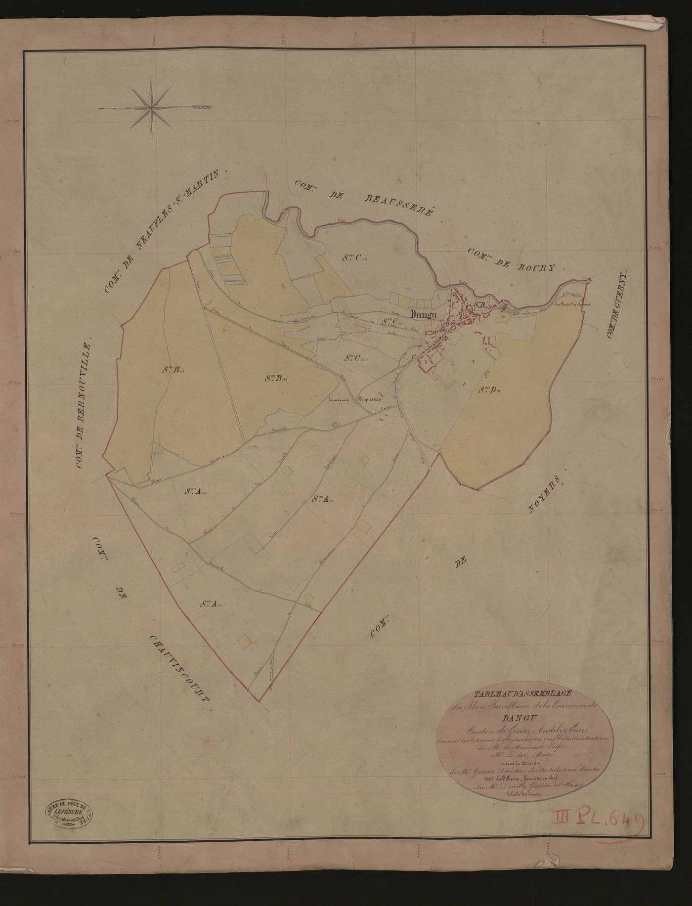 Dangu. Tableau d'assemblage du Plan Parcellaire de la Commune de Dangu. _ Canton de Gisors - Andelys - Eure. _ Terminé sur le terrain le 9 septmbre 1840, sous l'administration de M. de Monicault, Préfet - M. Diévé, Maire et sous la directio